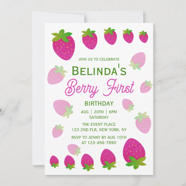 Convites Brilho Y2K Morango Berry Primeiro 1º Aniversário (Frente)