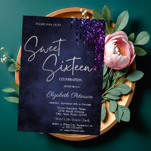 Convites Brilhos de Violeta Escuro, Sweet 16 Azul Marinho