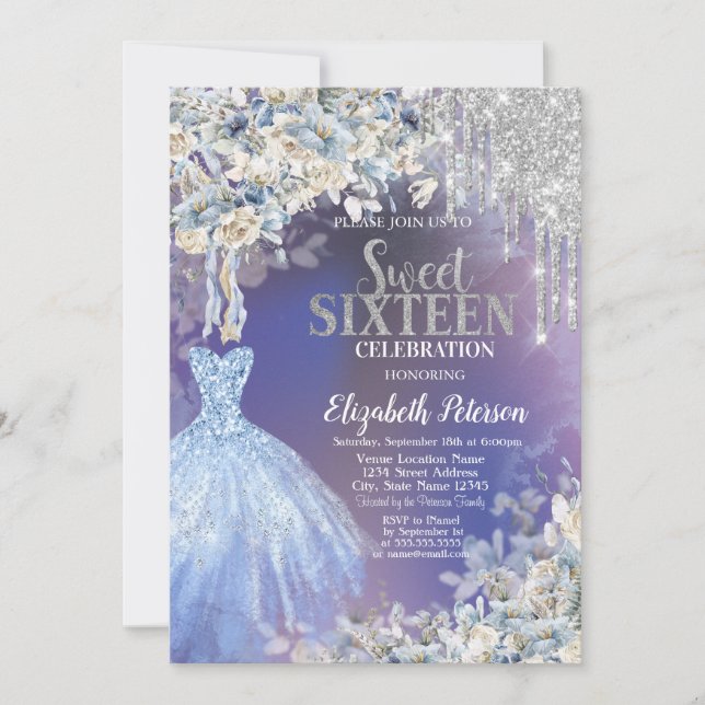 Convites Brilhos, Flores Azuis no Vestido Violeta Sweet 16 (Frente)