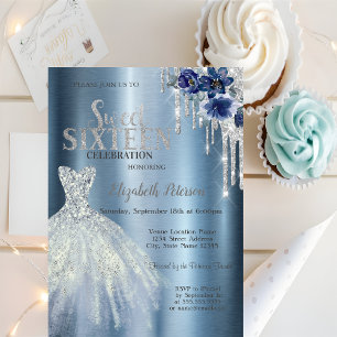 Convites Brilhos, Flores de Vestido Azul Metálico Sweet 16