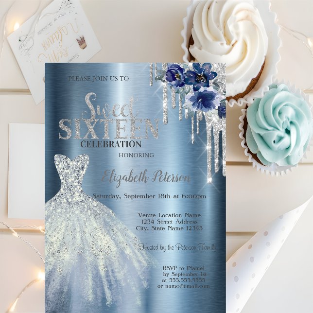 Convites Brilhos, Flores de Vestido Azul Metálico Sweet 16 (Criador carregado)