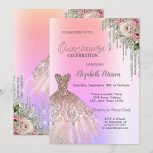 Convites Brilhos, Flores no Vestido Ombre Quinceanera