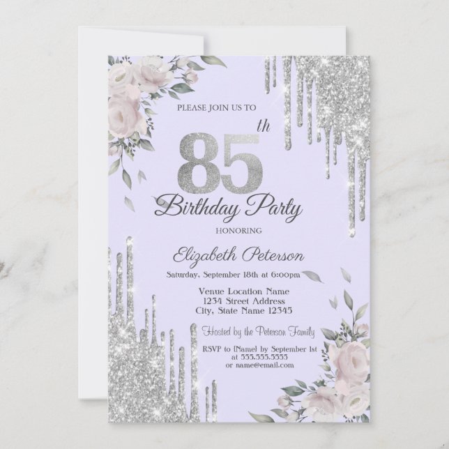 Convites Brilhos Gotejantes, Flores Lavanda 85º Aniversário (Frente)