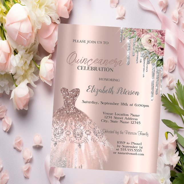 Convites Brilhos Prateados, Flores no Vestido Quinceanera (Criador carregado)