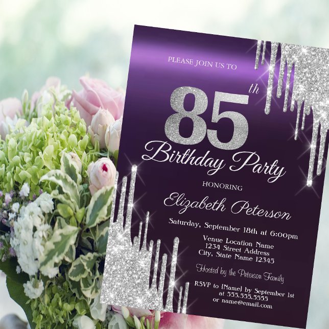 Convites Brilhos Prateados Pingando 85º Aniversário Roxo Es (Criador carregado)
