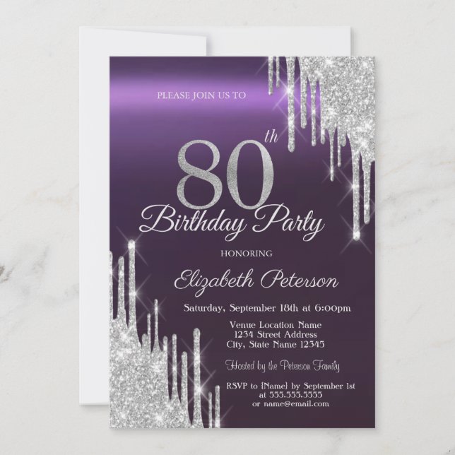 Convites  Brilhos Prateados Pingando Roxo Escuro Aniversári (Frente)