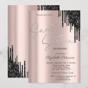 Convites Brilhos Pretos Chic, Doce 16 Dourado Rosa
