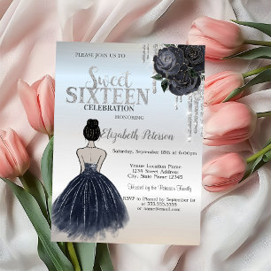 Convites Brilhos, Rosas de Vestido Azul Escuro Sweet 16  