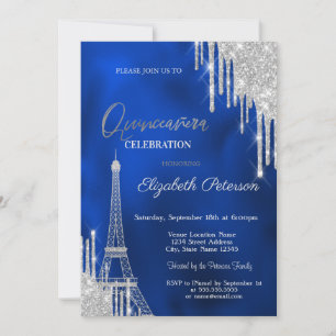 Convites Brilhos, Torre Eiffel Azul Real Quinceañera