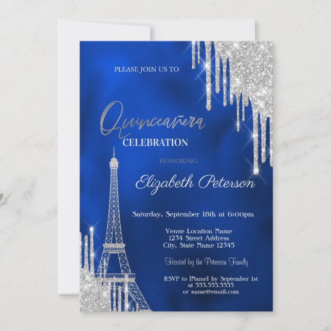 Convites Brilhos, Torre Eiffel Azul Real Quinceañera (Frente)