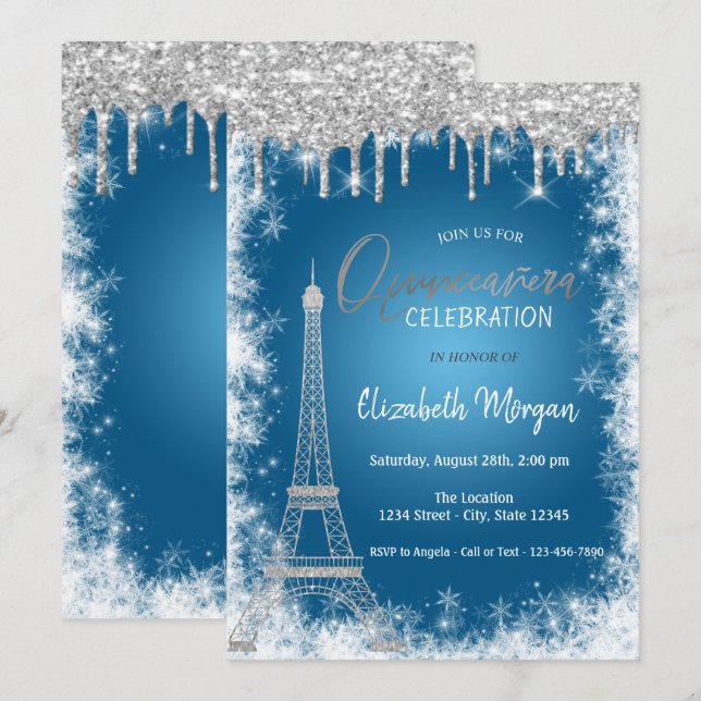 Convites Brilhos, Torre Eiffel, Quinceañera Floco de Neve (Frente/Verso)
