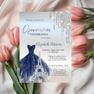 Convites Brilhos, Vestido Azul Marinho, Eiffel Quinceañera 