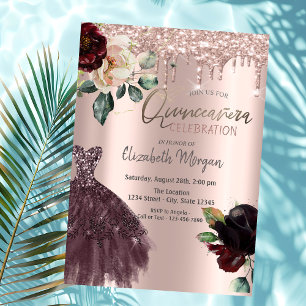 Convites Brilhos, Vestido Borgonha, Rosas Quinceañera