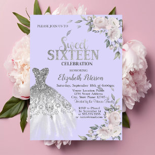 Convites Brilhos, Vestido, Flores Violeta Sweet 16 