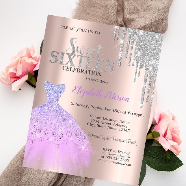 Convites Brilhos, Vestido Lavanda Rosa Dourado Doce 16 (Criador carregado)