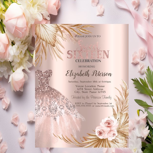 Convites Brilhos, Vestido, Pampas Rose Gold Doce 16   (Criador carregado)