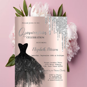 Convites Brilhos, Vestido Preto Rosa Dourado 15 Anos