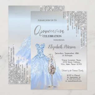 Convites Brilhos, Vestido, Taça de Champanhe Quinceañera