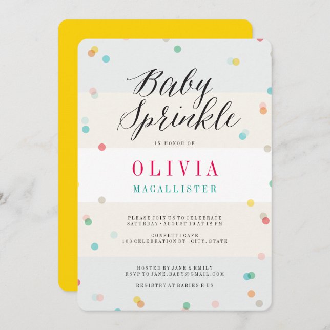 Convites Brincadeira Colorida Confetti Modern Script Baby S (Frente/Verso)