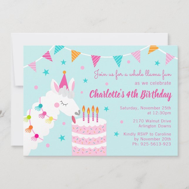 Convites Brincadeira de Llama 4º Aniversário Aqua (Frente)