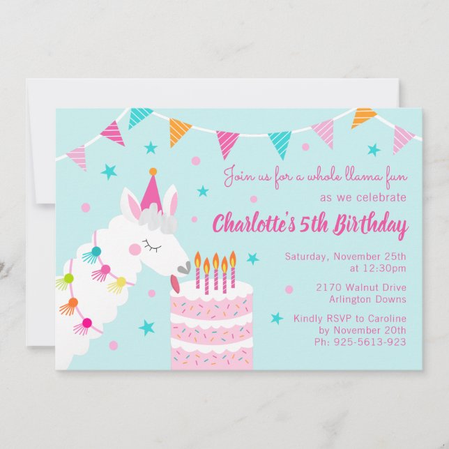Convites Brincadeira de Llama 5 Aniversário Aqua (Frente)