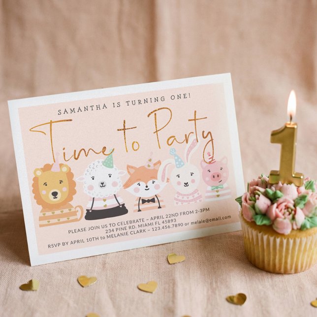 Convites Brincadeira Festa de Bebê Brinca Aniversário (Cute Party Animals Baby First 1st Birthday Party Invitation)