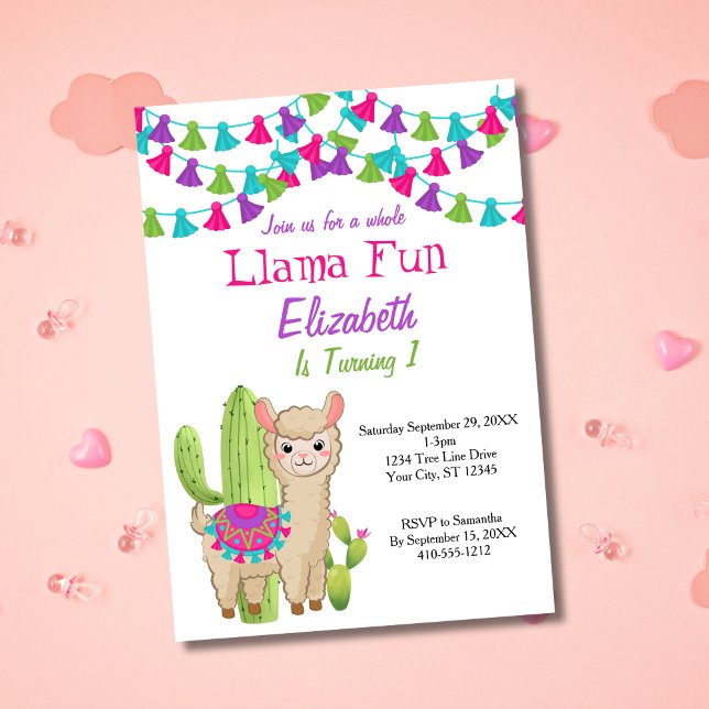Convites Brincadeira Llama Branca, Púrpura Cactus, Aniversá (Whole Llama Fun 1st Birthday Party Invitation. Printed or Digital Download.)