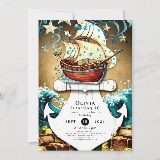 Convites Brincadeira - Tesouro de Aquarela Pirata (Frente)