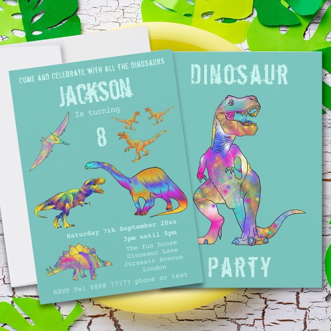Convites Brincadeiras do 8º aniversário do Dinossauro T Rex (Colorful dinosaur 8th birthday party invitation fun Dino T-rex velociraptor brontosaurus stegosaurus)