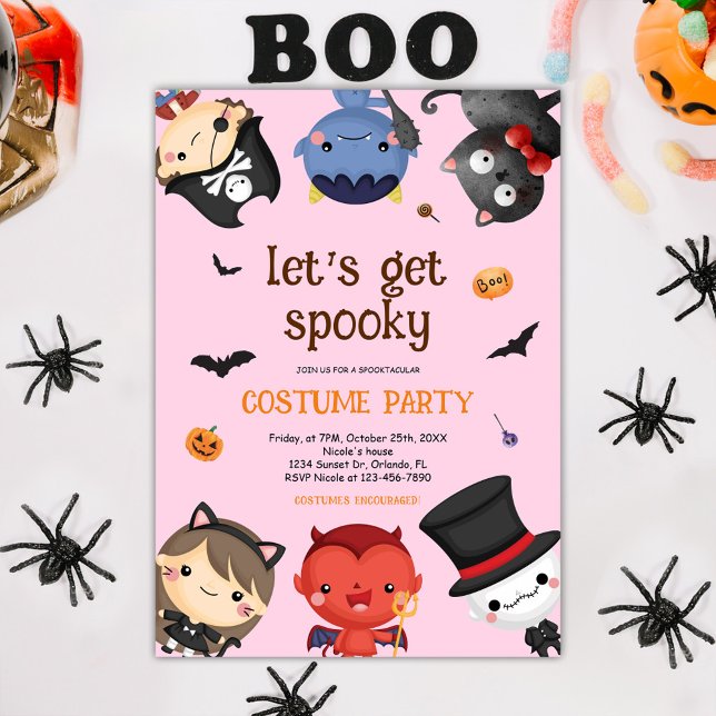Convites Brincadeiras Rosa, Festas de Figurino de Halloween (Fun Pink Kids Halloween Costume Party Cute Spooky Invitation)