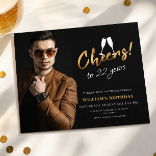 Convites Brinde a 22 Anos Foto de Aniversário Adulto Dourad