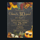 Convites Brinde a 30 anos festa rústica de aniversário de 3<br><div class="desc">Girassóis amarelos dourados e alaranjados enferrujados, uvas, duas taças de vinho tinto e uma abóbora em aquarela sobre um fundo de madeira de celeiro marrom escuro fazendo um brinde elegante para o convite da festa de aniversário de 30 anos com uma tipografia dourada de letra manuscrita moderna. Fácil de personalizar...</div>