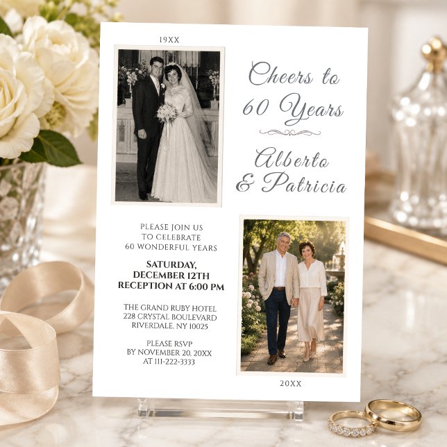 Convites Brinde a 60 Anos Foto Então & Agora (Elegant Cheers to 60 Years Then & Now Anniversary Invitation)