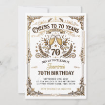 Brinde a 70 anos Aniversário Dourado Branco Vintag