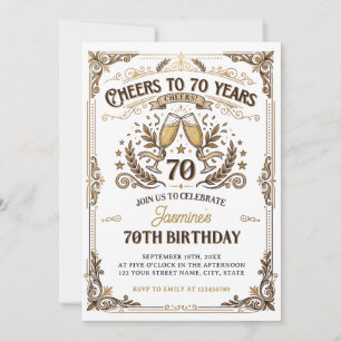 Convites Brinde a 70 anos Aniversário Dourado Branco Vintag