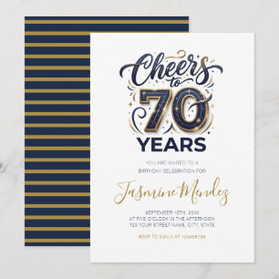 Convites Brinde a 70 anos Elegante Dourado Azul Aniversário