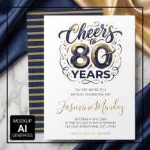 Brinde a 80 anos Elegante Dourado Azul Aniversário