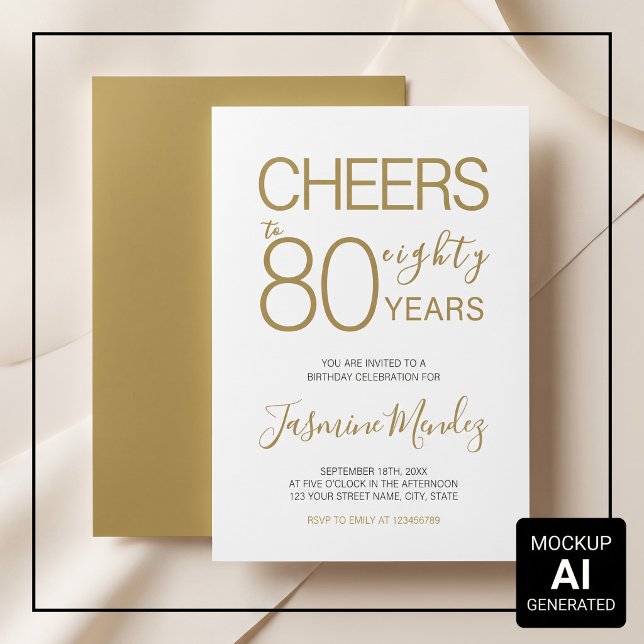 Convites Brinde a 80 anos Elegante Dourado Branco Aniversár (Criador carregado)
