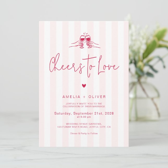 Convites Brinde ao Amor Casamento Retro Vermelho e Rosa (Em pé/Frente)