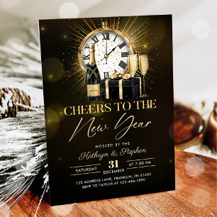 Convites Brinde de Champanhe Dourado para a Festa de Ano No