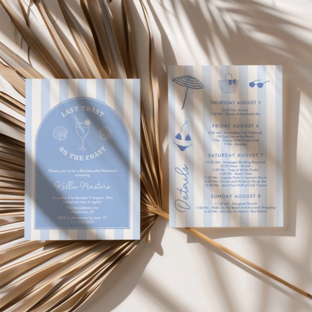 Convites Brinde Final na Praia Festa Desenho à Mão Capricho (Classy Blue And White Last Toast On The Coast Bachelorette Party Invitations with hand-drawn icons)