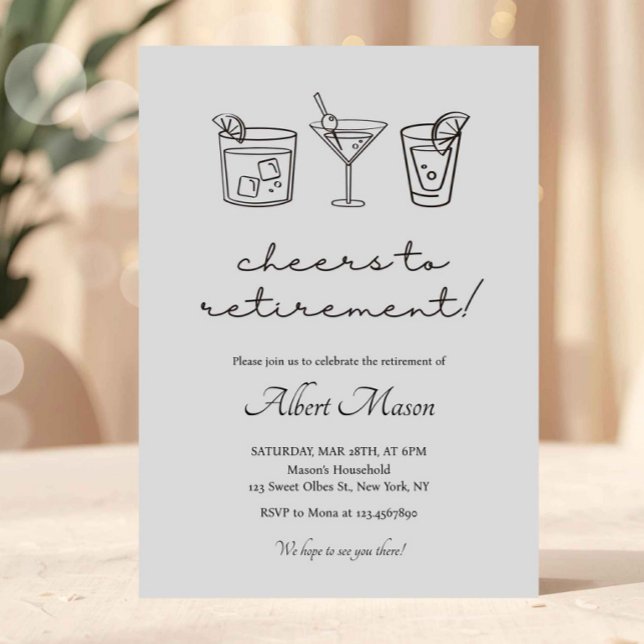 Convites Brinde Minimalista de Aposentadoria Coquetel (retirement invitation, retirement party decor, farewell party invite, retirement celebration, funny )