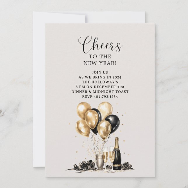 Convites Brindemos ao Ano Novo Festa Dourada e Preta (Frente)
