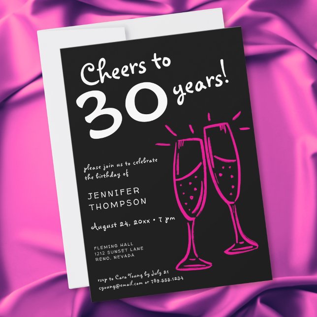 Convites Brindemos aos 30 Anos de Idade com Champanhe Rosa  (Cheers to 30 Years Pink Champagne Birthday Invitation)