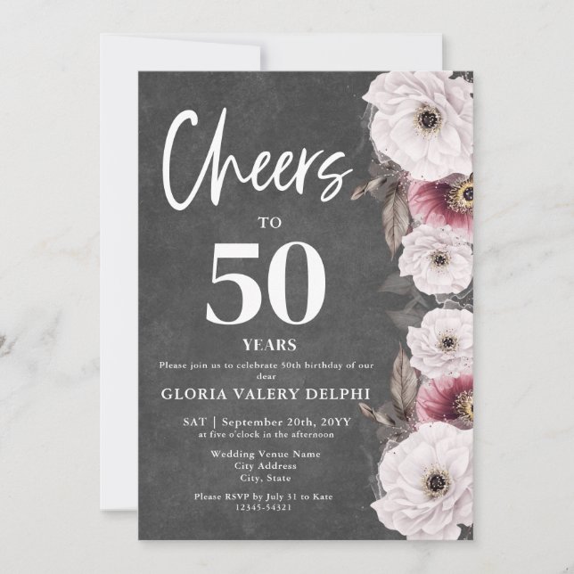 Convites Brindes ao 50º Aniversário com Floral Branco em Qu (Frente)