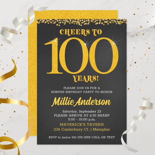 Convites Brindes aos 100 Anos de Idade Dourado Preto Centés (Cheers to 100 Years Birthday Invitation)