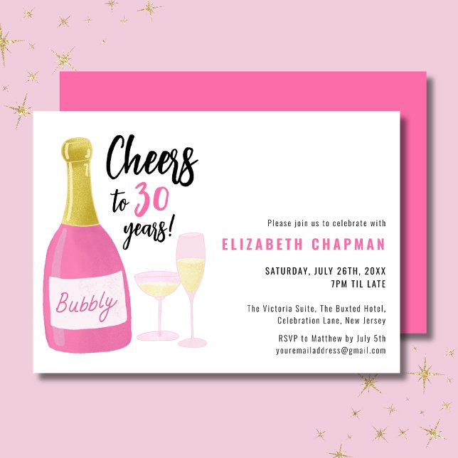 Convites Brindes cor-de-rosa para 30 anos de idade (Cheers to 30 years pink champagne 30th birthday invitation.  Full 30th birthday party range.)