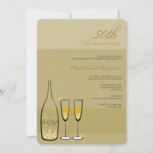 Convites Brindes de Champanhe Dourado 50º Aniversário de Ca (Frente)