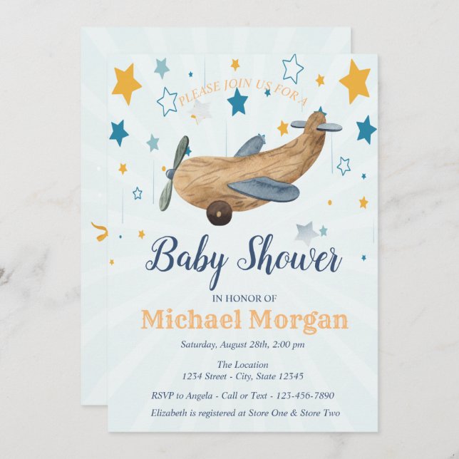 Convites Brinquedo de avião, Chá de fraldas de estrelas (Frente/Verso)