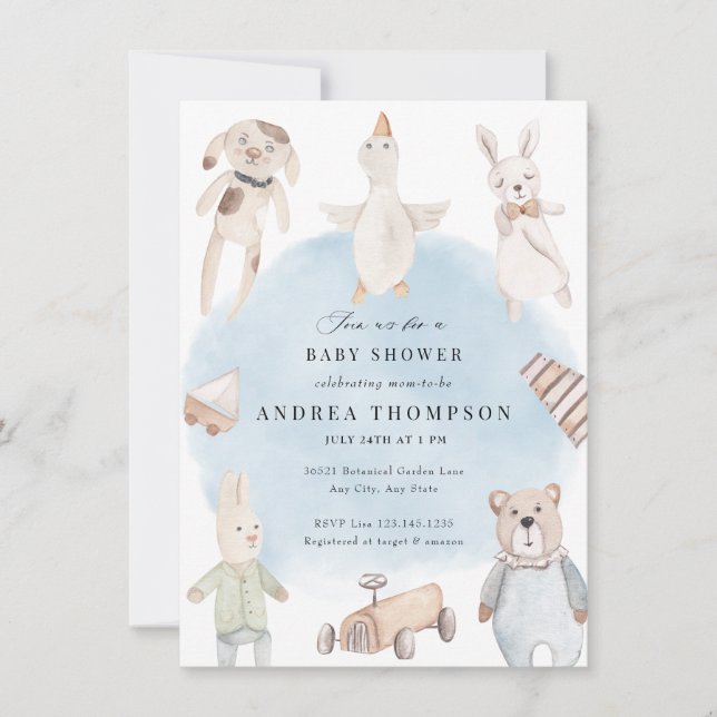 Convites Brinquedos bebês | Chá de fraldas Vintage (Frente)